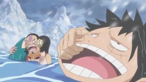 In a Real Pinch! Luffy Sinks into the Ice-cold Lake!